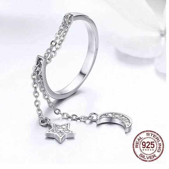 Authentic 925 Sterling Silver Moon and Star Link Chain Adjustable Finger Rings - Picture 3 of 6